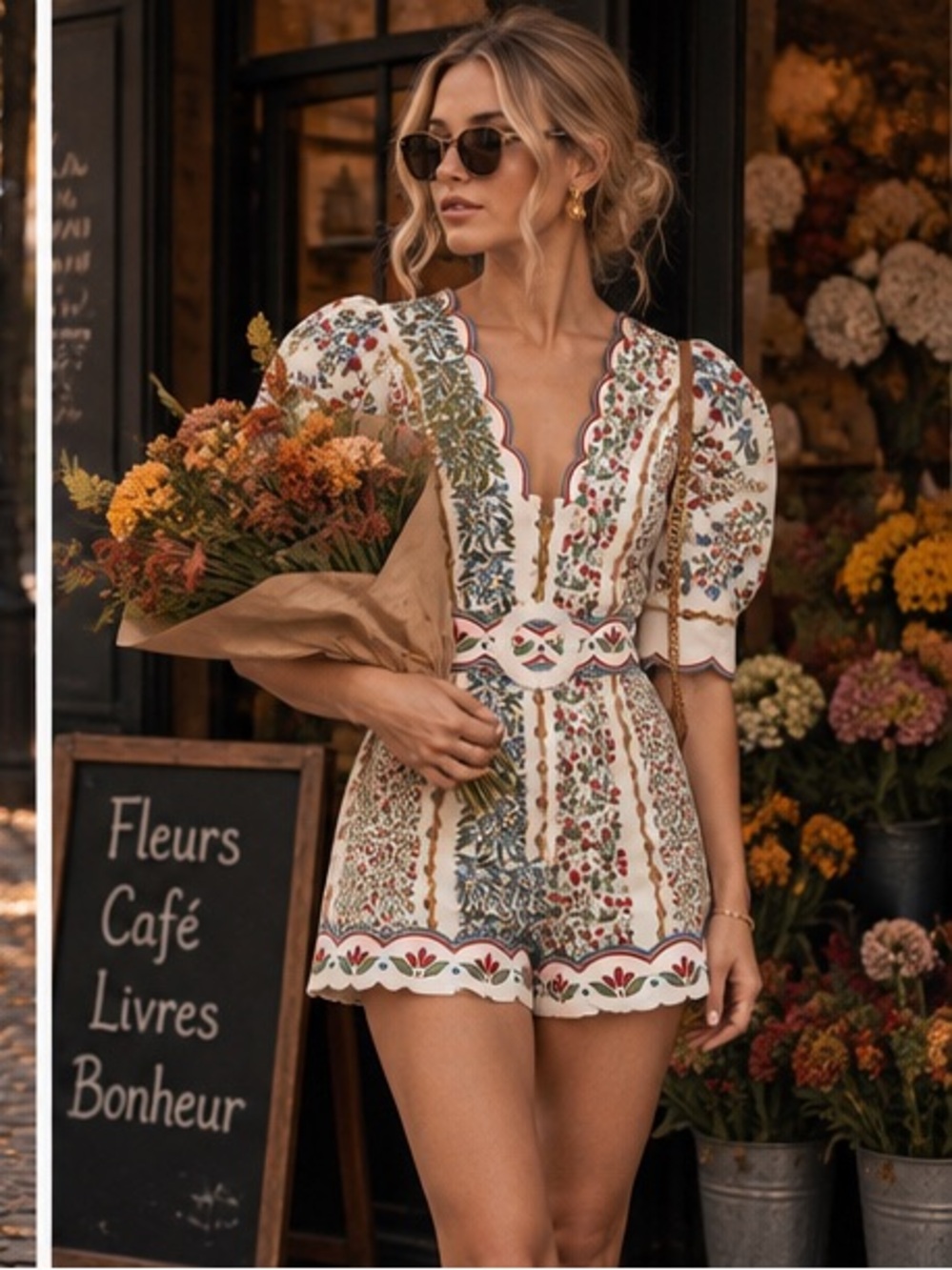 FARM Rio Cream Floral-Print Lace-Trim Mini Dress with Green and Red Accents